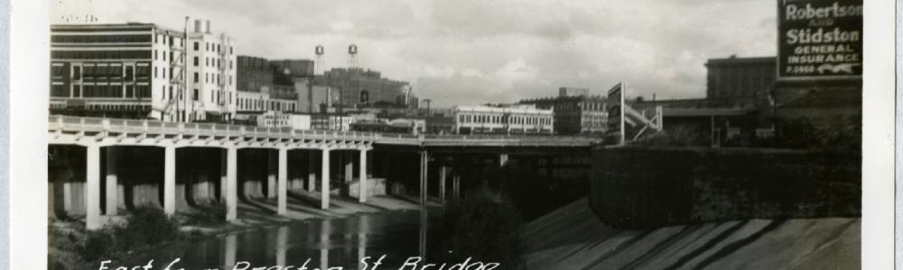 Photograph of Buffalo Bayou looking east from Preston Street Bridge, Houston, TX in 1936