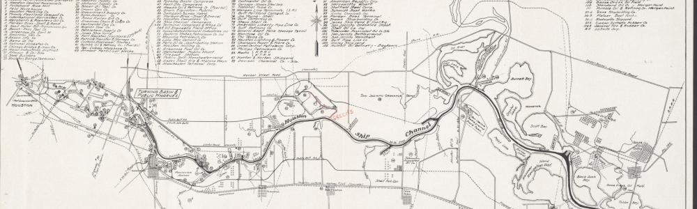 Port of Houston Industrial District map showing proposed improvements to Green's Bayou for navigation, 1945